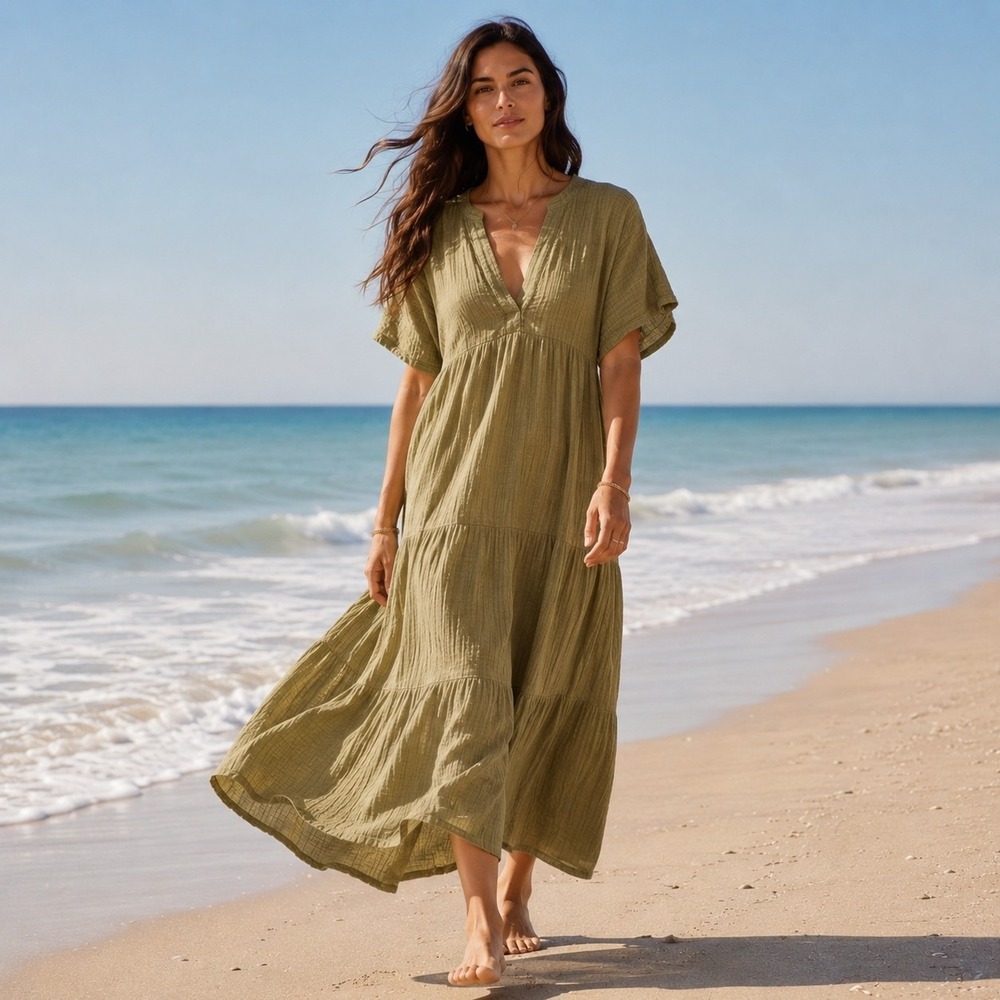 NWT Anthropologie Kallie Moss Cotton Gauze Tiered Midi Dress L Beachy Boho
